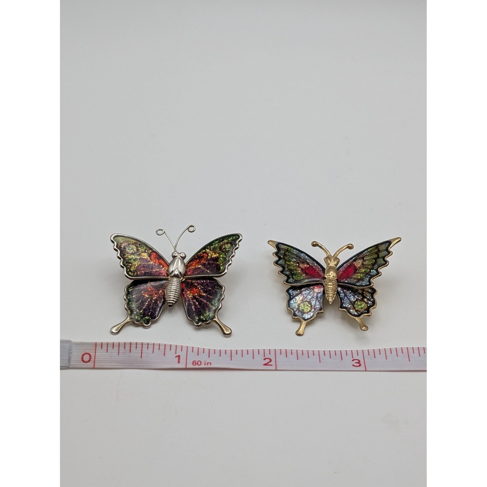Vintage Foil Glitter Butterfly Brooch Lot 2 Gold Tone Jelly Belly Pin Set - Picture 9 of 11